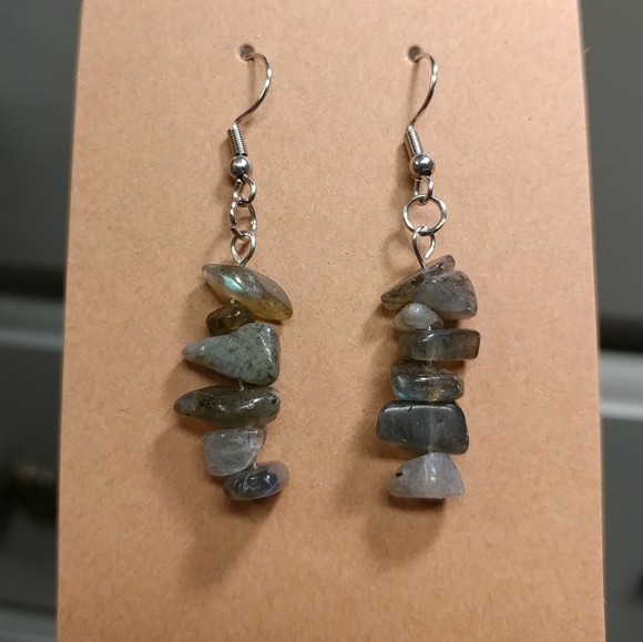 Labradorite Earrings Natural Gemstone Crystal Chip Beaded Surgical Stainless - Picture 10 of 13